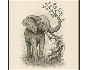 Elephant Art Print, Nature Inspired Monochrome Illustration