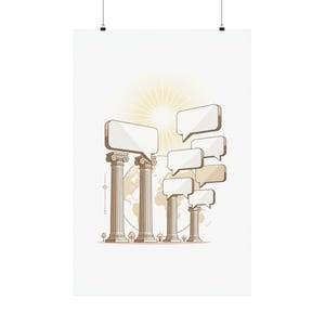 May include: Poster featuring an illustration of classical columns with speech bubbles. The columns are in a row, with speech bubbles above them. A sunburst and a world map are in the background. The color palette is beige and white.