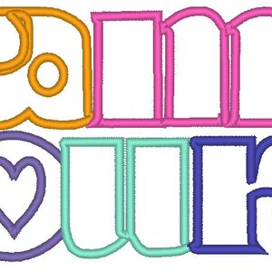 May include: Embroidered design with the word "amour" in orange, pink, teal, and purple. The word "amour" is stylized with a heart symbol in the design. The design is suitable for embroidery projects.