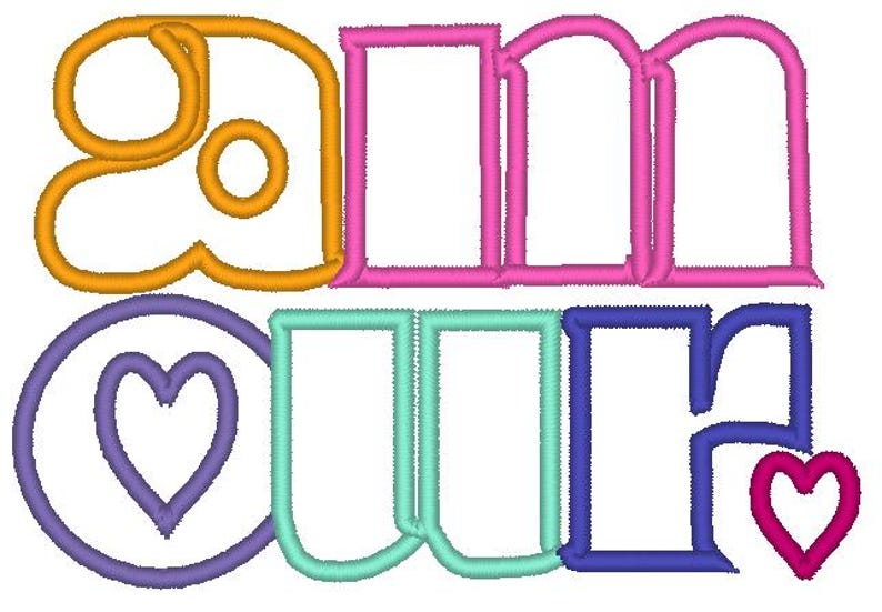 May include: Embroidered design with the word "amour" in orange, pink, teal, and purple. The word "amour" is stylized with a heart symbol in the design. The design is suitable for embroidery projects.