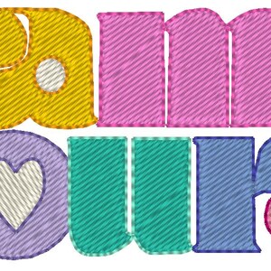 May include: Embroidered design featuring the word "AMOUR" in yellow, pink, teal, and blue, with a purple circle containing a white heart and a pink heart. The letters have a textured, stitched appearance.