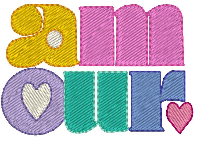 May include: Embroidered design featuring the word "AMOUR" in yellow, pink, teal, and blue, with a purple circle containing a white heart and a pink heart. The letters have a textured, stitched appearance.