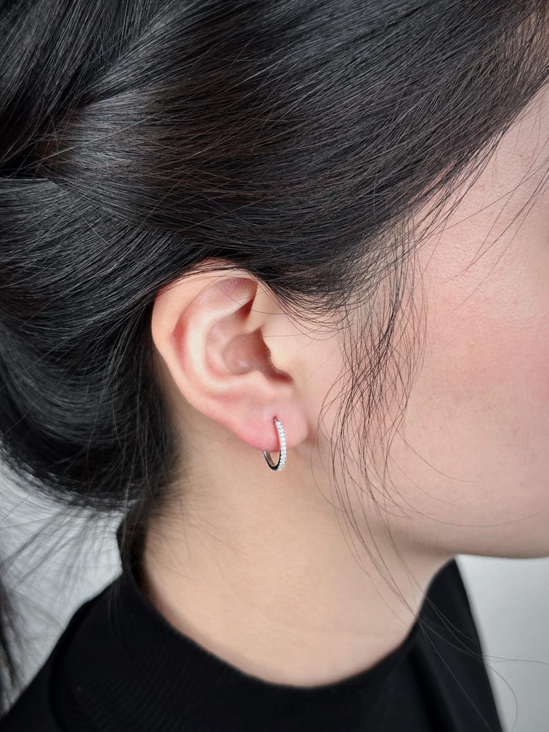 10K/14K Solid Gold Moissanite Huggie Earrings — Petite Sparkle Hoops, Gift for Her (JDE0580) image 8