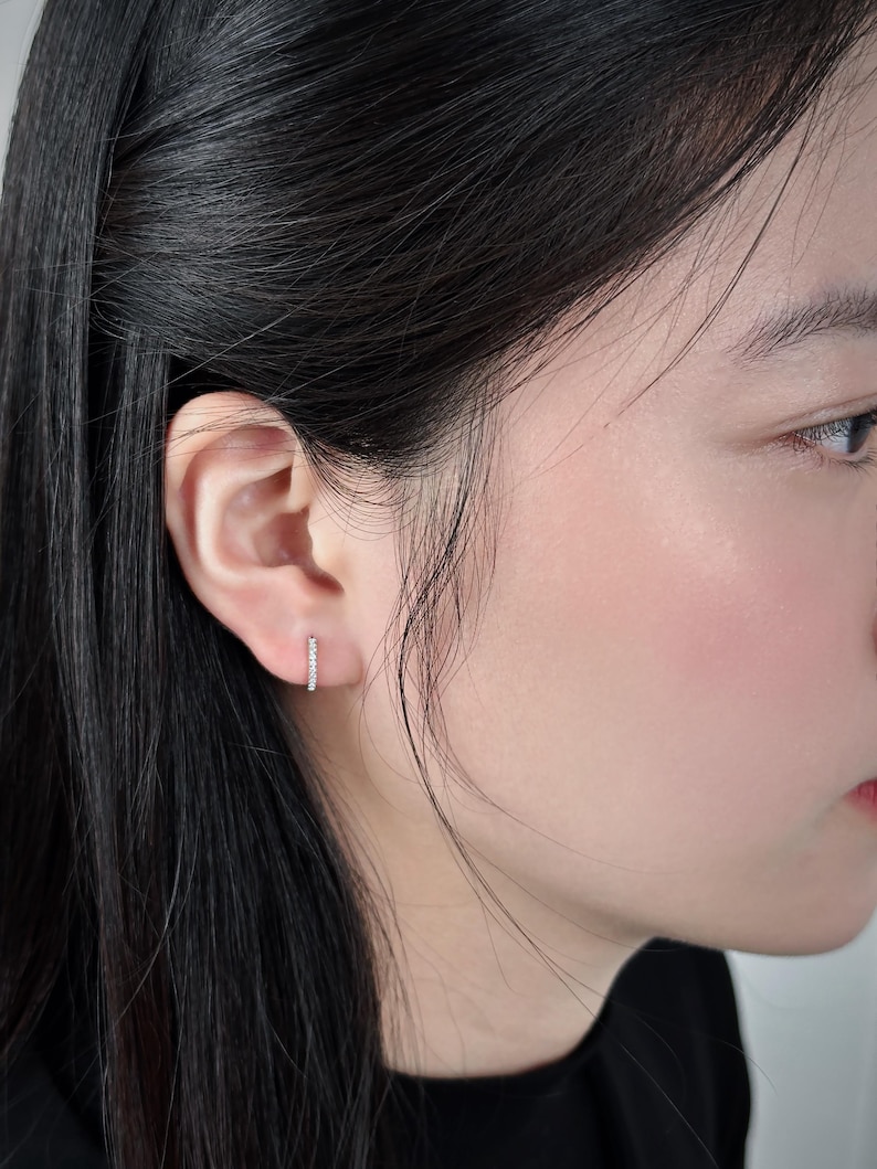 10K/14K Solid Gold Moissanite Huggie Earrings — Petite Sparkle Hoops, Gift for Her (JDE0580) image 6