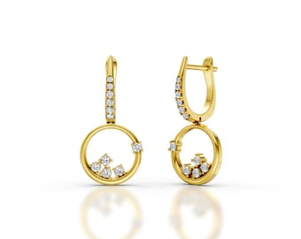 10K/14K Gold Moissanite Dangle Hoop Earrings in Rose, Yellow, and White Gold (JDE0310)