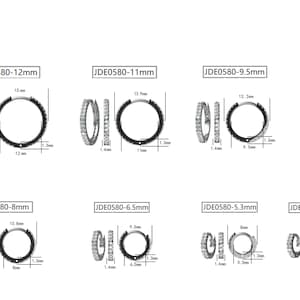 May include: Diagram of several pairs of hoop earrings with various sizes and measurements. The earrings are shown in profile and front view, with dimensions in millimeters and inches. The text "MEEZ" is at the top left.