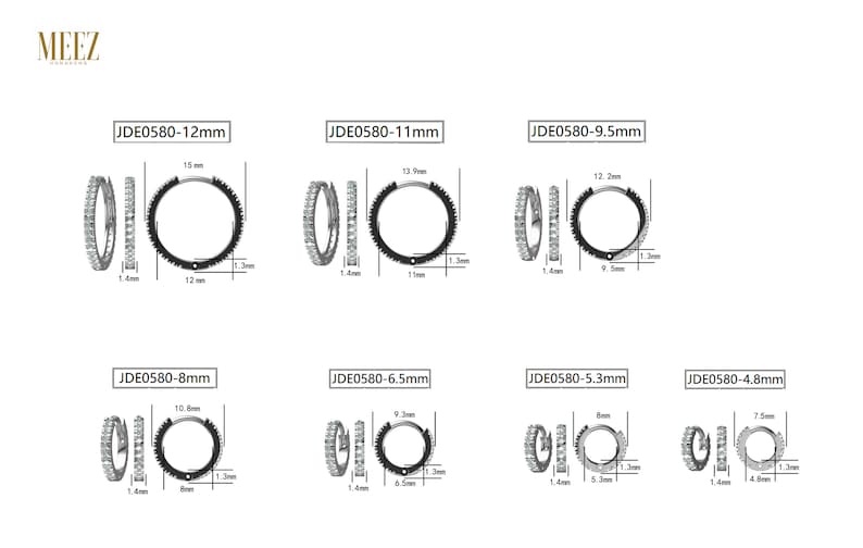May include: Diagram of several pairs of hoop earrings with various sizes and measurements. The earrings are shown in profile and front view, with dimensions in millimeters and inches. The text "MEEZ" is at the top left.