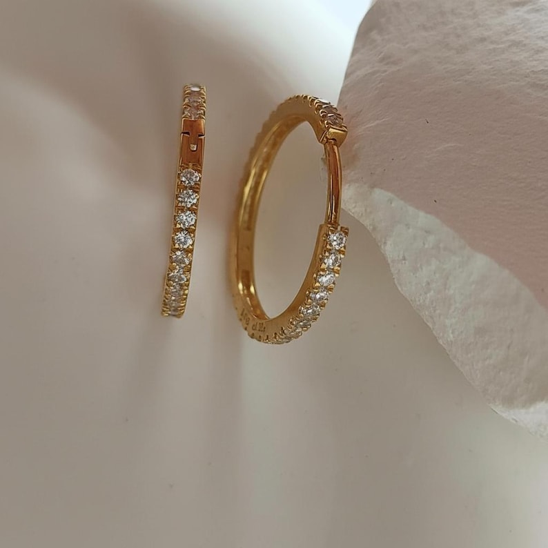 10K/14K Solid Gold Moissanite Huggie Earrings — Petite Sparkle Hoops, Gift for Her (JDE0580) image 1