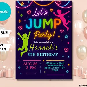 Jump Party Invitation, Jump Birthday Invite, Let&#39;s Jump Party, Editable Jump Invitation, Trampoline Party Invite, Canva Template