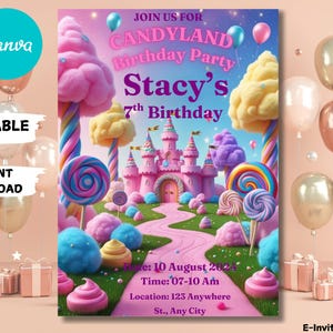 Editable Sweet Celebration Birthday Invitation, Candy Land Invitation, Candy Birthday Party Invitation, Candyland, Printable Canva Template