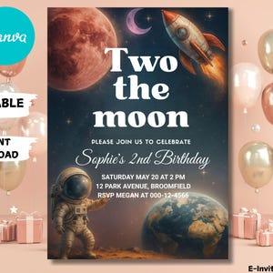 Two the Moon Birthday Party Invitation, Two the Moon Party, Pastel Outerspace Invitation, Girl&#39;s Space Birthday Invitation