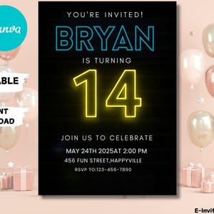Neon Light Brick Wall Boy Birthday Invitation, Teenager Boy Birthday Invites, Instant Download Editable Canva Template