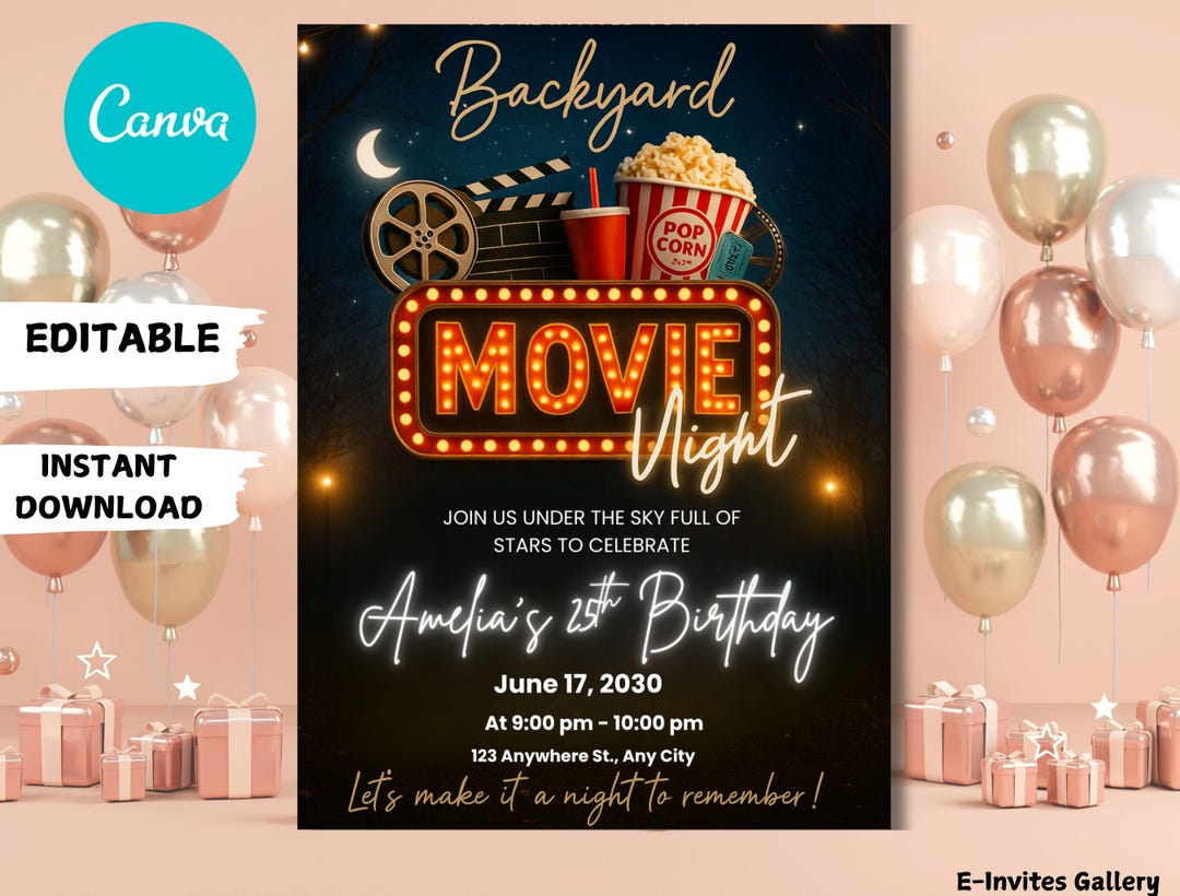 Movie Night Birthday Invitation, Editable Cinema Party (5x7 Canva, PDF