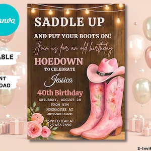 Pink Hoedown Birthday Invitation, Western Cowgirl Party Digital Invite, Country Western Invite, Floral Boots Invite, Editable Canva