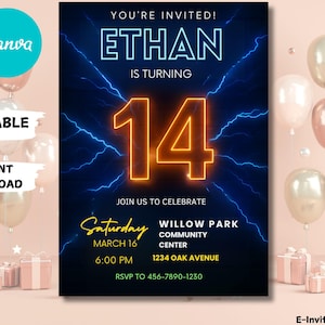 Neon Light Brick Wall Boy Birthday Invitation, Teenager Boy Birthday Invites, Instant Download Editable Canva Template