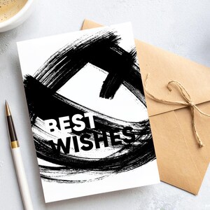 Tarjeta de felicitación imprimible con texto "Mis mejores deseos" - Arte tipográfico moderno con pincel negro - Descarga digital, diseño abstracto