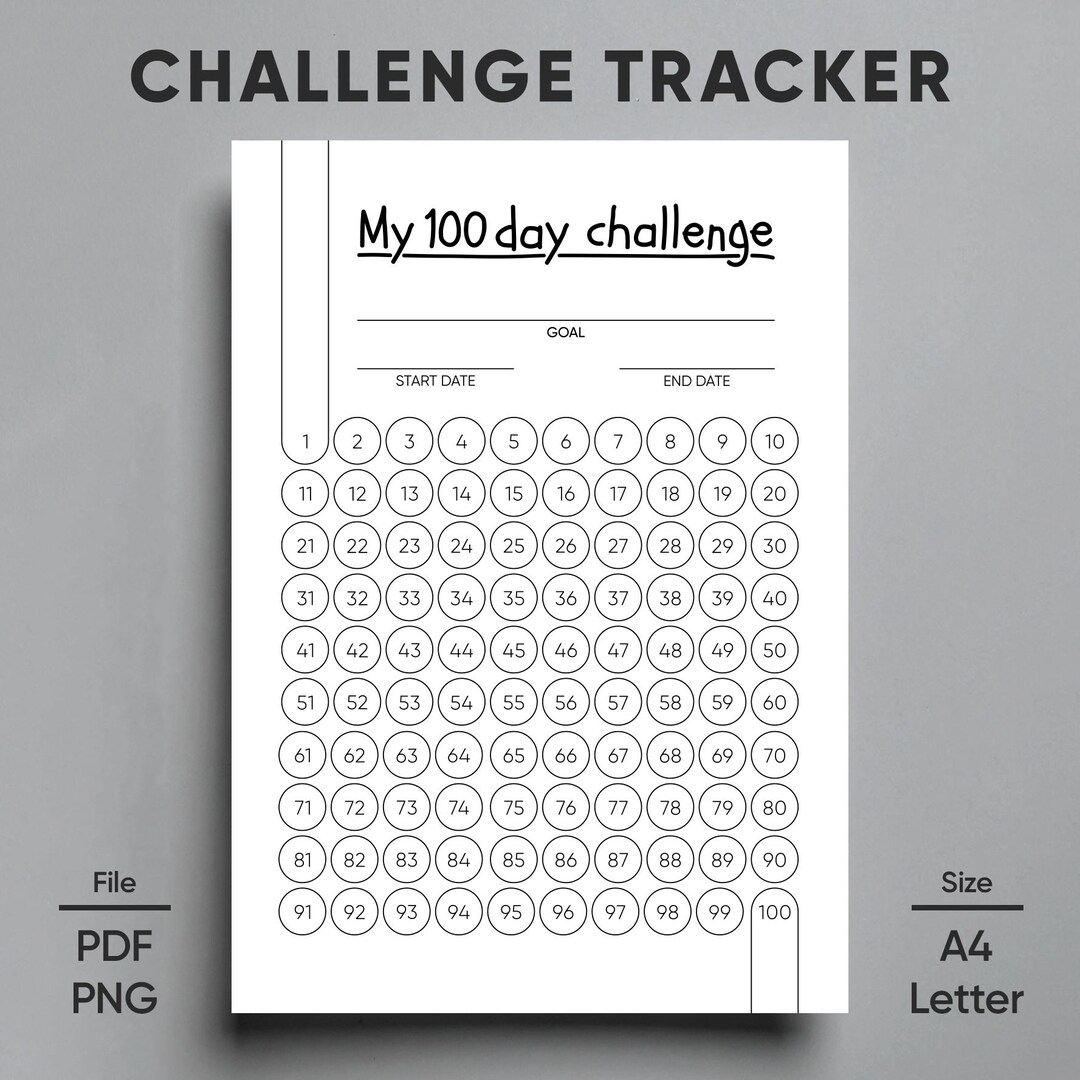 100 Day Challenge Tracker: Habit & Goal Planner (printable PDF, A4