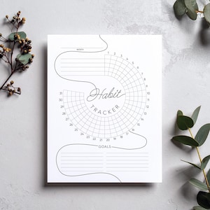 Puede incluir: Un rastreador de hábitos blanco con un diseño circular para rastrear los hábitos diarios. El rastreador presenta las palabras "Habit Tracker" en una escritura elegante, junto con espacios para el mes y los objetivos. Los días del mes están numerados.