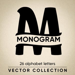 Op de afbeelding: Zwart monogramontwerp met de letter "M" en het woord "MONOGRAM" in het midden. De tekst "26 alfabetletters" en "VECTOR COLLECTIE" staan eronder op een beige achtergrond.