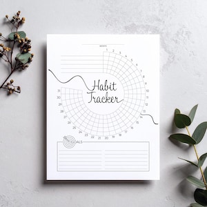 May include: A white habit tracker with a circular design for tracking habits. The text "Habit Tracker" is in the center, with spaces for goals and a monthly calendar. Black lines and text are used throughout the design.