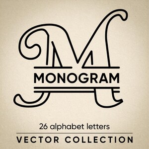 May include: Black monogram design featuring the letter "M" with the word "MONOGRAM" below. The text "26 alphabet letters" and "VECTOR COLLECTION" are also included in the design, all on a beige background.