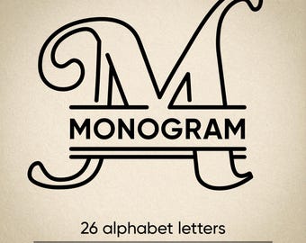 May include: Black monogram design featuring the letter "M" with the word "MONOGRAM" below. The text "26 alphabet letters" and "VECTOR COLLECTION" are also included in the design, all on a beige background.