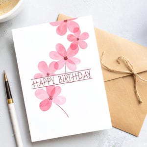 Cartão de Feliz Aniversário para Imprimir – Flor Rosa em Aquarela, Download Instantâneo, Cartão Digital Abstrato, 7 x 5 Polegadas, Retrato Dobrável