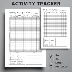 Könnte beinhalten: Zwei weiße, druckbare Aktivitätstracker mit dem Titel "Activity Tracker" oben. Die Tracker haben ein Rasterlayout zur Verfolgung täglicher Aktivitäten, mit einer Legende aus Symbolen und einem Notizenbereich. Die Tracker sind im PDF- und PNG-Format verfügbar.