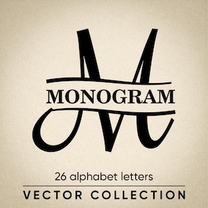 May include: Black monogram design with the word "MONOGRAM" in the center. The image also includes the text "26 alphabet letters" and "VECTOR COLLECTION" in a sans-serif font.