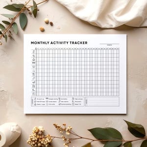 Rastreador de actividad imprimible en PDF – Rastreador de hábitos de fitness con iconos – Registro mensual de bienestar – Tamaños A4, A5, Carta, Media Carta, Horizontal