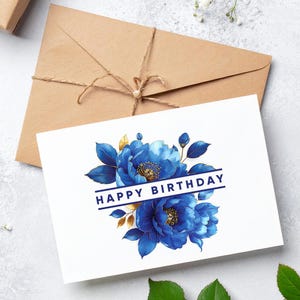 Cartão de aniversário para impressão com elegantes flores azuis em aquarela | Cartão floral digital | Download instantâneo para ela ou para ele