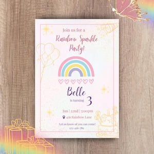 Regenbogen-Geburtstagseinladung für Mädchen | Bearbeitbare Canva Vorlage | Sparkle Party einladen | Druckbare Sofort-Download | Pastell Regenbogen Thema