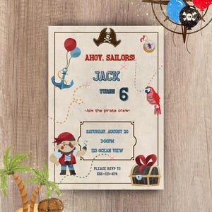 Faire-part d'anniversaire pirate pour garçons - Invitation de fête d'enfants modifiable - Modèle imprimable fête de pirate - Carte au trésor Ahoy Matey - Toile