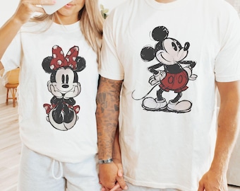 Camiseta de pareja con dibujo retro de Mickey y Minnie Mouse, camiseta Disney Couple Comfort Colors® a juego, camiseta familiar para viaje a Disneyland