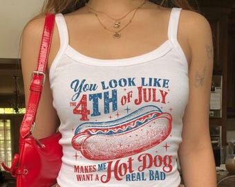 Retro You Look Like the 4th of July-top met spaghettibandjes, grappige crop top voor hotdog-vrouwen, grappige patriottische vrouwen, liefhebber van Fourth of July-hotdog