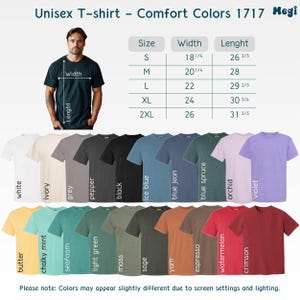 Puede incluir: Una selecci&oacute;n de camisetas unisex Comfort Colors 1717 en varios colores, incluyendo blanco, negro y azul. La imagen muestra una tabla de tallas con medidas en cm. El texto en la imagen dice "Unisex T-shirt - Comfort Colors 1717 Hegi."