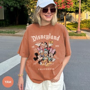 Puede incluir: Camiseta de color &oacute;xido con el logotipo de Disneyland y un gr&aacute;fico de personajes de Disney. La camiseta incluye el texto "est. 1955" y "California". La camiseta tiene mangas cortas y un corte holgado.