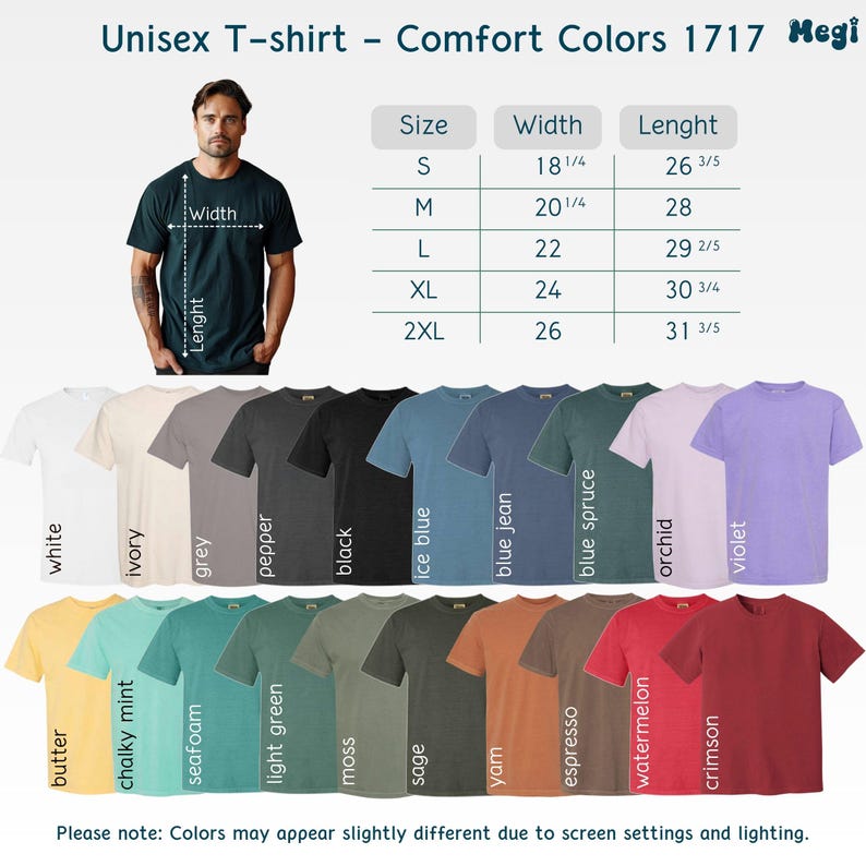 K&ouml;nnte beinhalten: Auswahl an Unisex Comfort Colors 1717 T-Shirts in verschiedenen Farben, darunter Wei&szlig;, Schwarz und Blau. Das Bild zeigt ein Model in einem dunkelgr&uuml;nen Shirt, mit einer Gr&ouml;&szlig;entabelle, die Breiten von 46.3 cm bis 66 cm und L&auml;ngen von 67.6 cm bis 80.9 cm angibt.