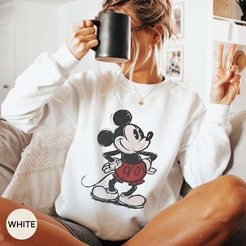 Retro Drawing Classic Pose Mickey Mouse Shirt, Retro Mickey Hoodie, Family Disneyland Trip Shirt, Disney Couple Holiday Vacation Shirt image 1