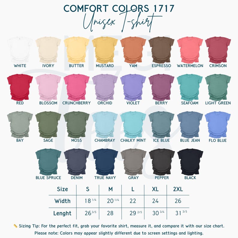May include: A color chart for Comfort Colors 1717 unisex t-shirts, showcasing a variety of colors including white, ivory, butter, and red. The chart also includes size information, with widths ranging from 18 1/4 inches to 26 inches.