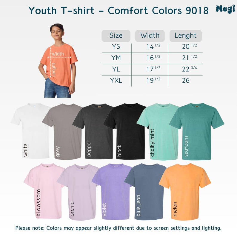 Puede incluir: Una exhibici&oacute;n de camisetas juveniles en varios colores, incluyendo blanco, gris, negro y azul vaquero. La imagen incluye una tabla de tallas con medidas en cm y el texto "Youth T-shirt - Comfort Colors 9018".
