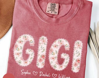 Comfort Colors® Pink Floral Gigi Shirt, Toile Floral Nana Grandkids' Names Tee, Est 2026 Granny Shirt, Mothers Day Gift,Cottagecore Mimi Tee