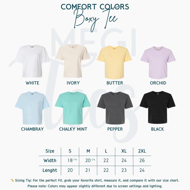 May include: A display of Comfort Colors Boxy Tee shirts in various colors, including white, ivory, butter, orchid, chambray, chalky mint, pepper, and black. Size chart shows width from 18 1/4 to 26 inches and length from 20 to 24 inches.