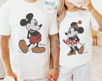 Camiseta clásica de Disney Mickey y Minnie Mouse para parejas, camiseta Comfort Colors® a juego, camiseta retro de vacaciones para viajes a Disneyland