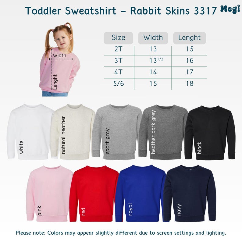 Puede incluir: Una variedad de sudaderas para ni&ntilde;os peque&ntilde;os en diferentes colores, incluyendo blanco, rosa, rojo, azul real y marino. La imagen tambi&eacute;n muestra una tabla de tallas con medidas en cm para el ancho y el largo. El texto dice "Toddler Sweatshirt - Rabbit Skins 3317 Megi."