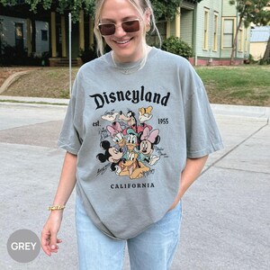 Puede incluir: Una camiseta gris con el logotipo de Disneyland y un gr&aacute;fico de personajes de Disney. La camiseta incluye el texto "Disneyland est. 1955 CALIFORNIA". La camiseta es de manga corta y tiene cuello redondo.