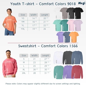 Puede incluir: Imagen que muestra una variedad de camisetas y sudaderas Comfort Colors. Las camisetas juveniles, estilo 9018, est&aacute;n disponibles en colores como blanco, gris y negro. Tambi&eacute;n se muestran sudaderas, estilo 1566, con informaci&oacute;n de tallas y medidas.
