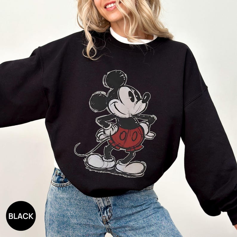 Retro Drawing Classic Pose Mickey Mouse Shirt, Retro Mickey Hoodie, Family Disneyland Trip Shirt, Disney Couple Holiday Vacation Shirt image 3