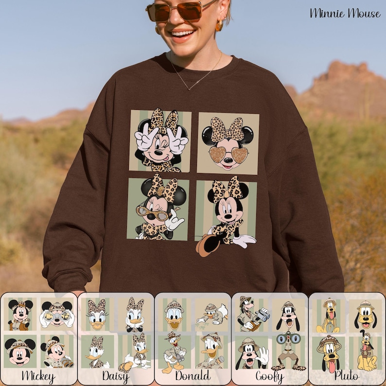 May include: A brown sweatshirt featuring four squares with Minnie Mouse in leopard print outfits. Below the sweatshirt are images of Mickey, Daisy, Donald, Goofy, and Pluto. The words "Minnie Mouse" are in the upper right corner.
