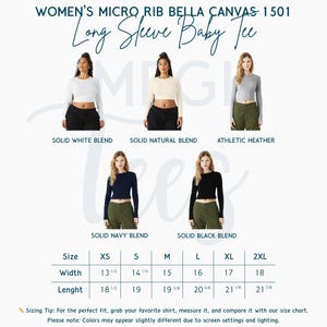 Puede incluir: Imagen de una camiseta de manga larga para beb&eacute; en blanco, natural, gris deportivo, azul marino y negro. Una tabla de tallas muestra medidas en pulgadas, con anchos de 13,5 a 18 pulgadas y largos de 18,5 a 21,875 pulgadas. Texto: "WOMEN'S MICRO RIB BELLA CANVAS 1501 Long Sleeve Baby Tee."
